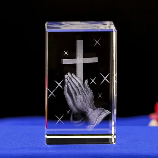 3D  Crystal Cube Christian Jesus Cross Figurine